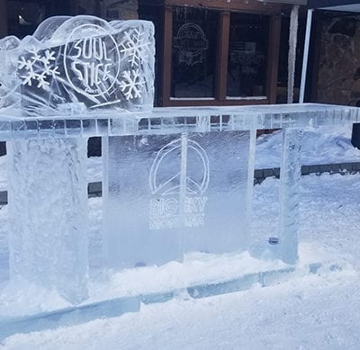 Ice luge sculpture on a bar